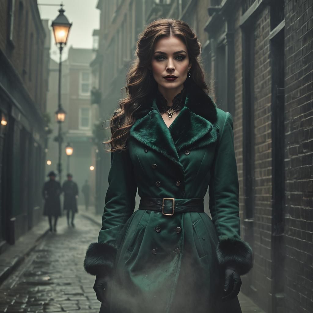 Victorian Femme Fatale in Misty London Alley
