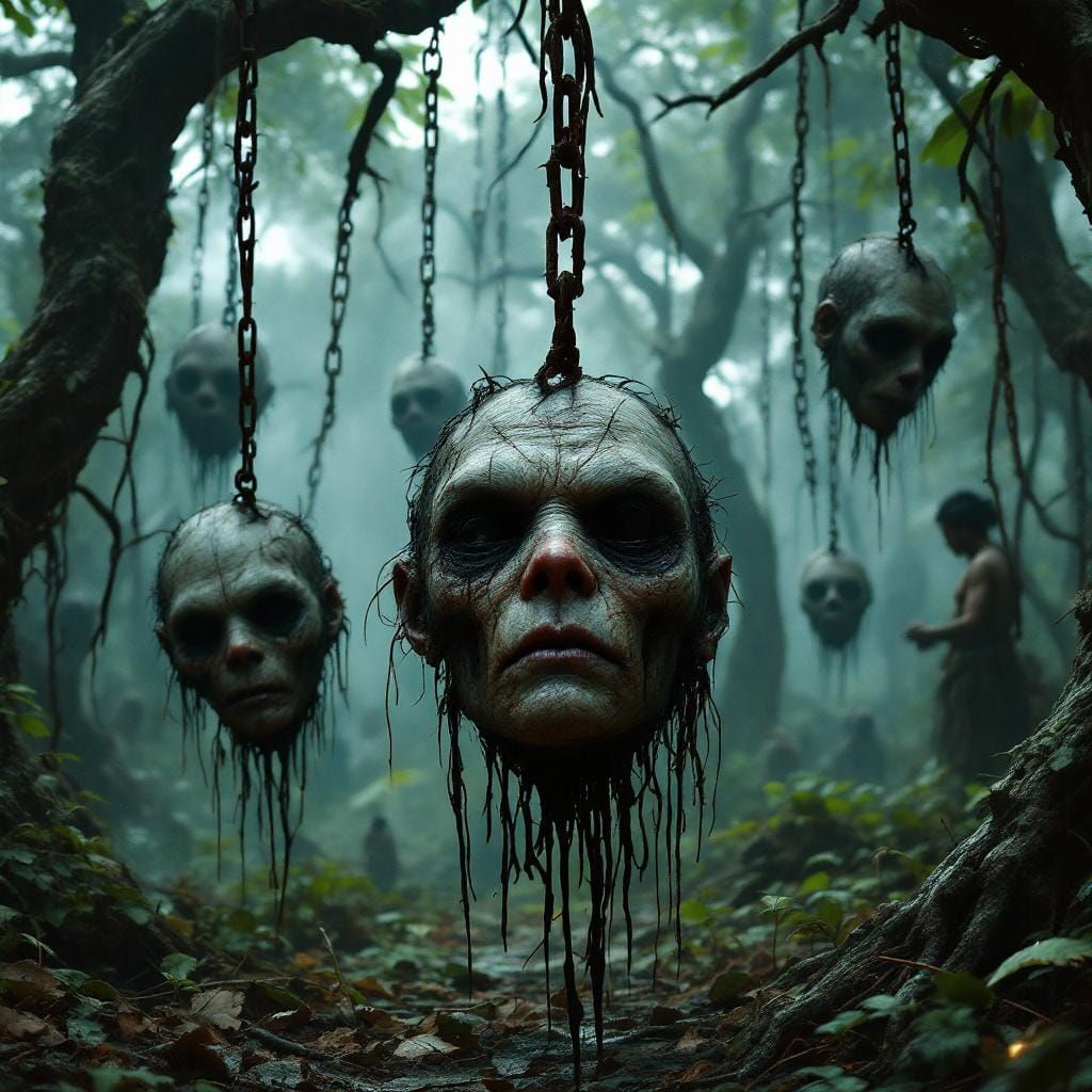 Shrunken Heads in Misty Jungle, Dark Fantasy Art