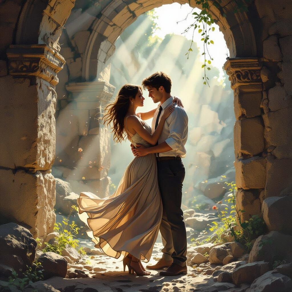 Romantic Embrace in Ancient Ruins, Hyperrealistic Concept Ar...
