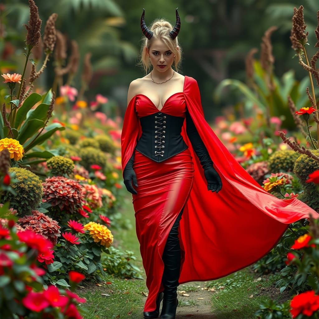 Elegant Woman in Red Latex Dress in Garden