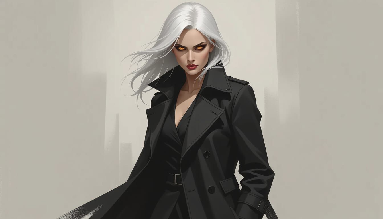 Intense White-Haired Woman in Black Coat