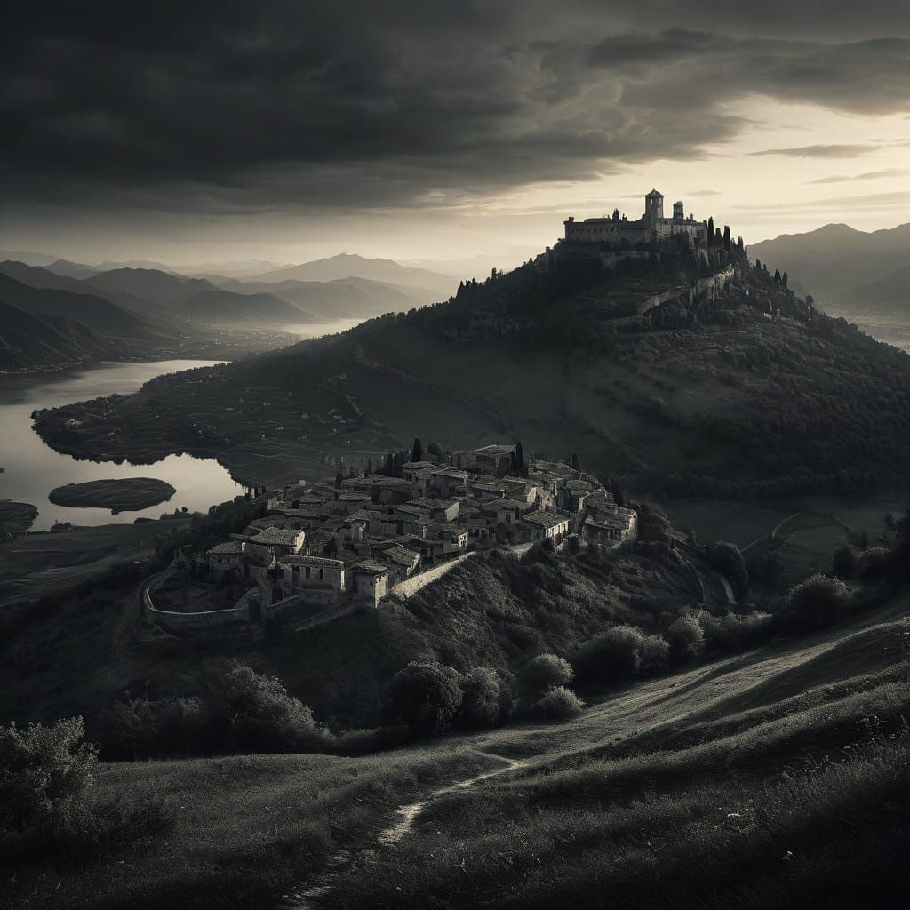 Medieval Greek Landscape in Black and White