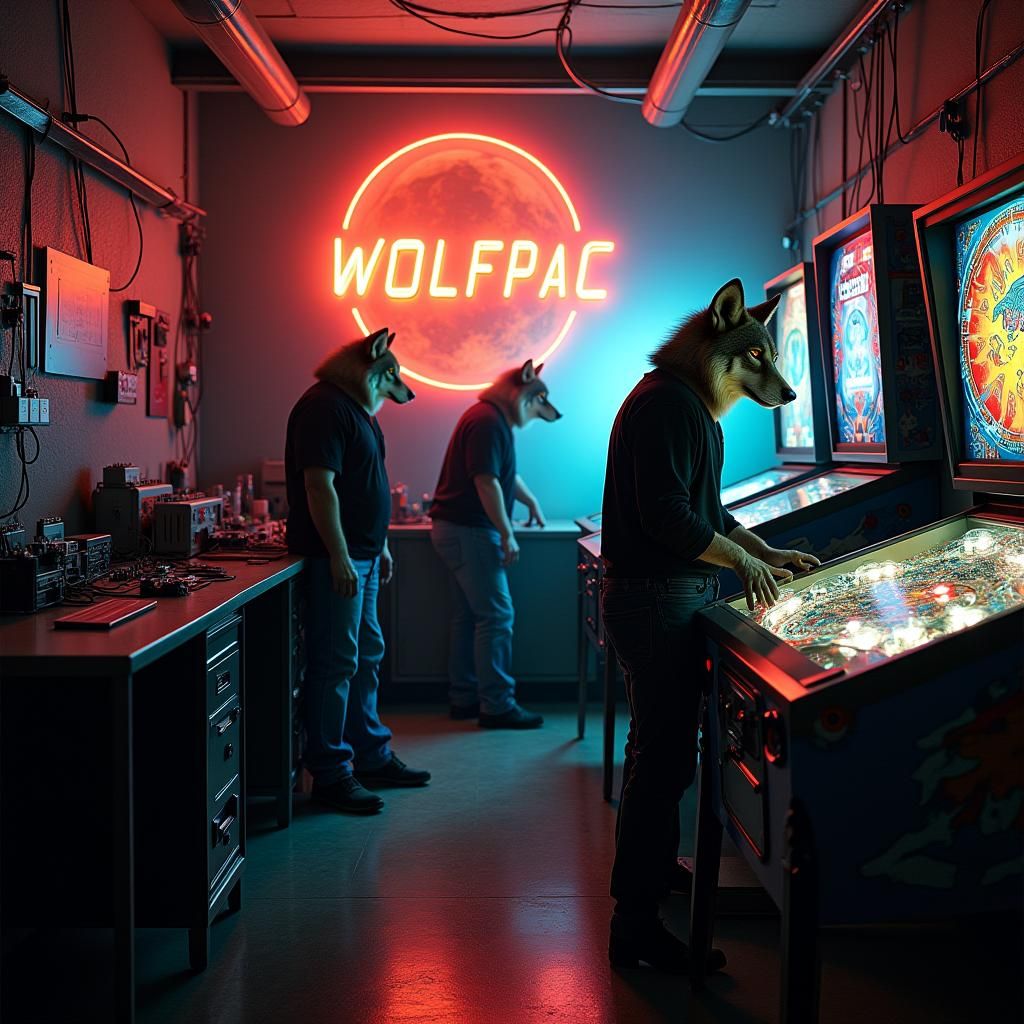 Cyberpunk Electronics Lab with Wolves and Pinball