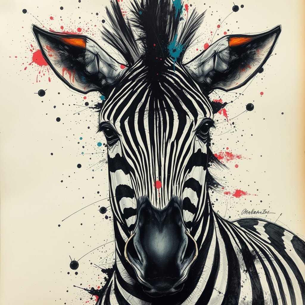 Surrealist Zebra Artwork with Ink Splashes and Distressed Li...