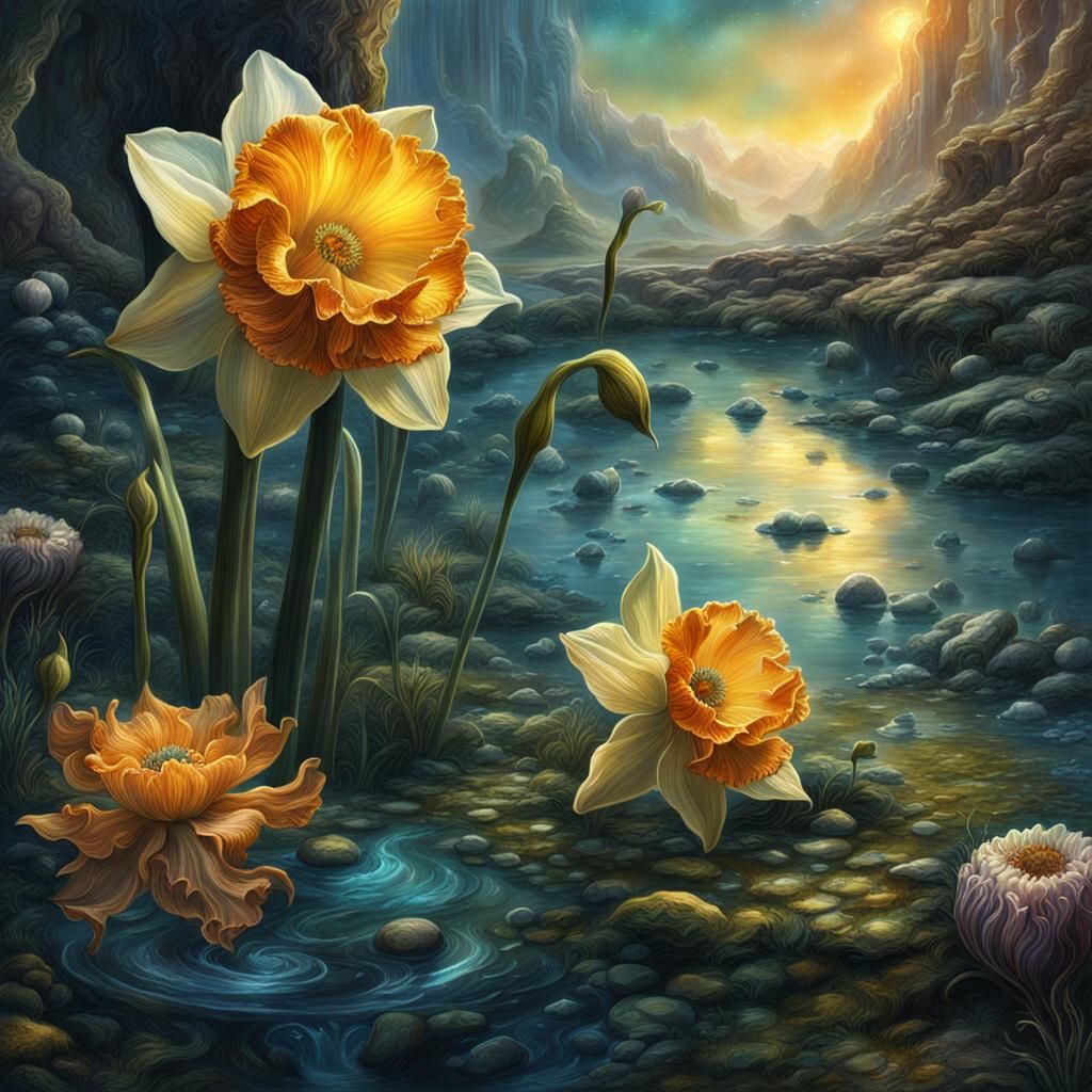 Vintage Fantasy Narcissus with Anemone in Meticulous Oil and...