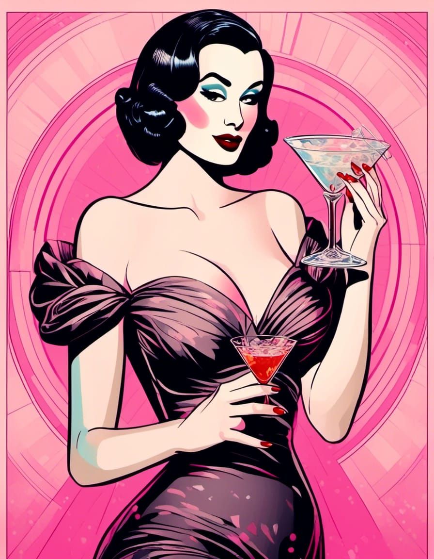 cartoon Dita Von Teese, with martini glasses