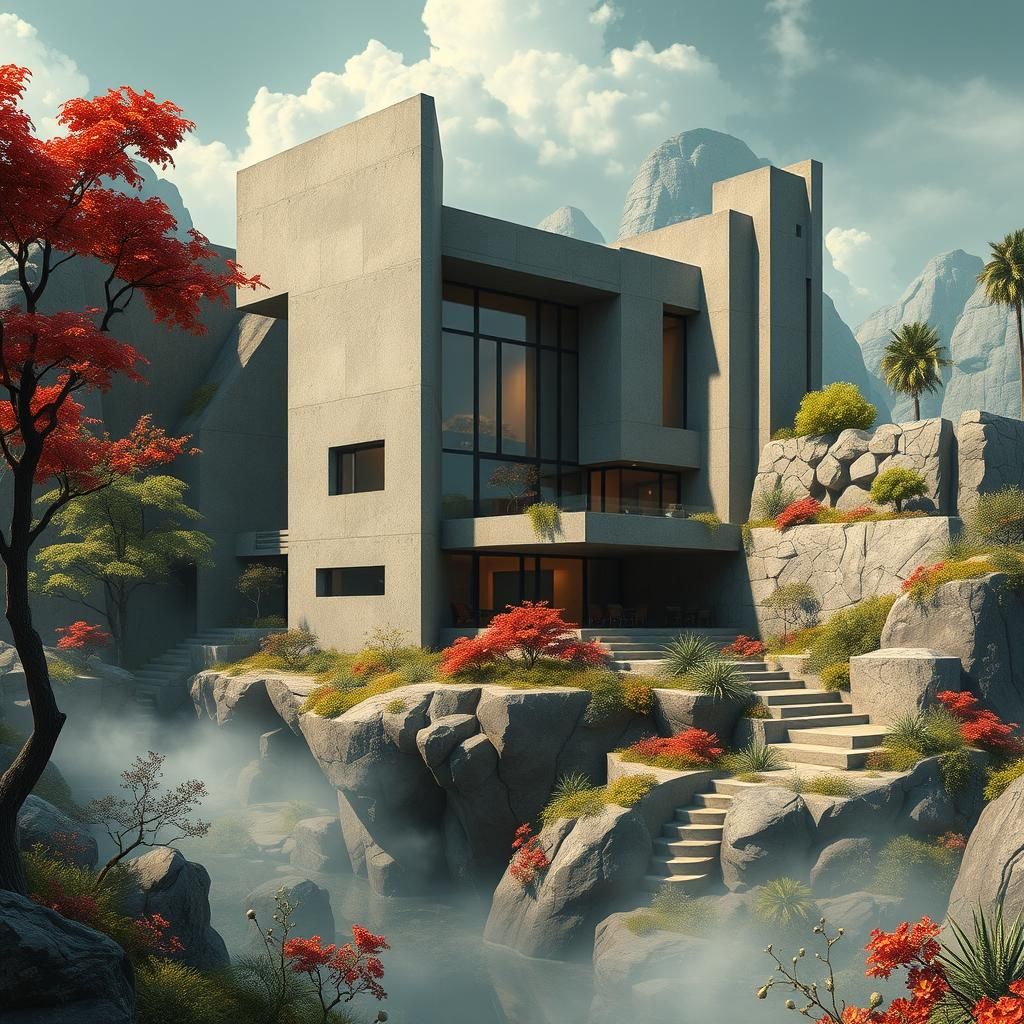 Sleek Modern Brutalist House in Fantasy Landscape