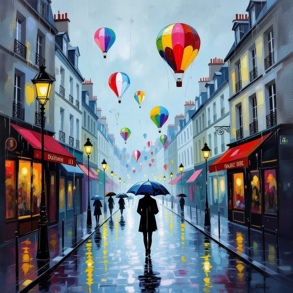 Surreal Parisian Rain Scene with Floating Umbrellas