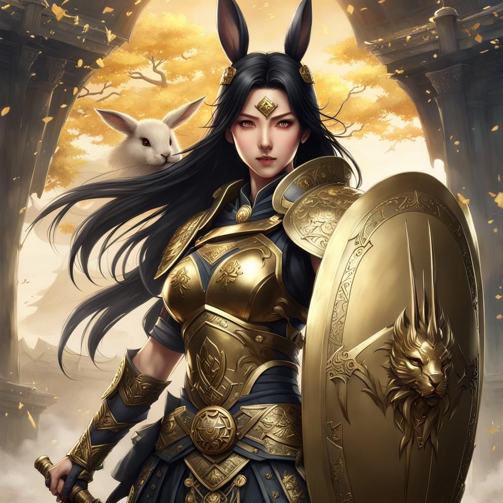 Anime Warrior Woman with Rabbit Shield on Battlefield