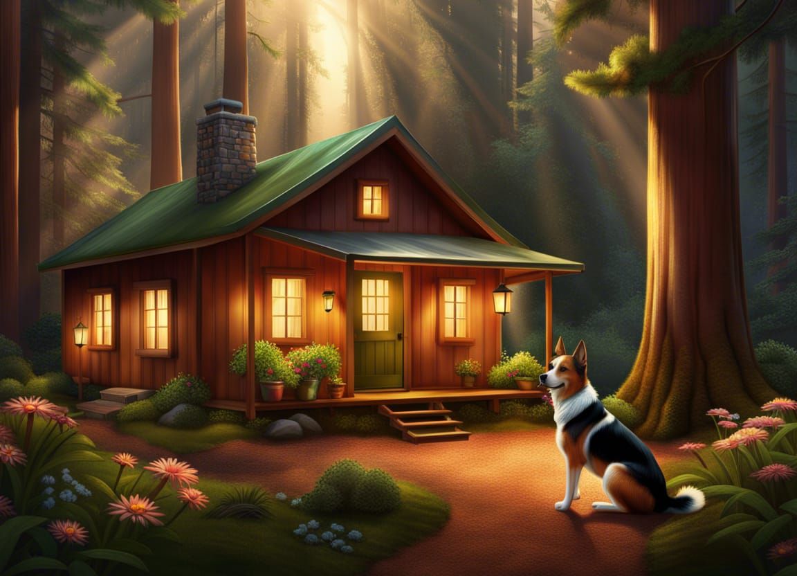 Cozy Cabin in Redwood Forest Digital Art