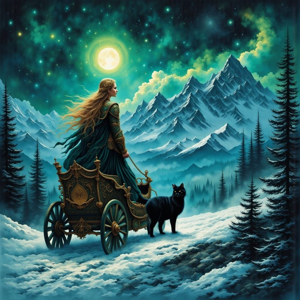Norse Goddess Freya's Midnight Sun Magic with Cat Chariot