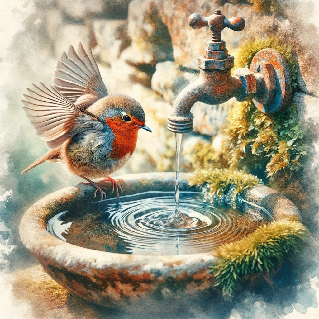 Tranquil Watercolor Robin Bathing in Stone Basin
