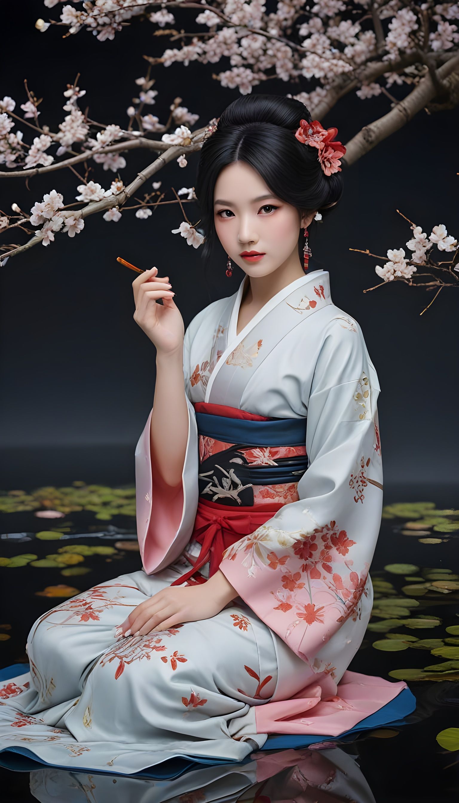 Supernatural Japanese Yokai Woman with Fox Ears in Tradition...