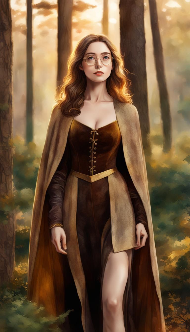 Renaissance Watercolor of Woman in Forest Clearing