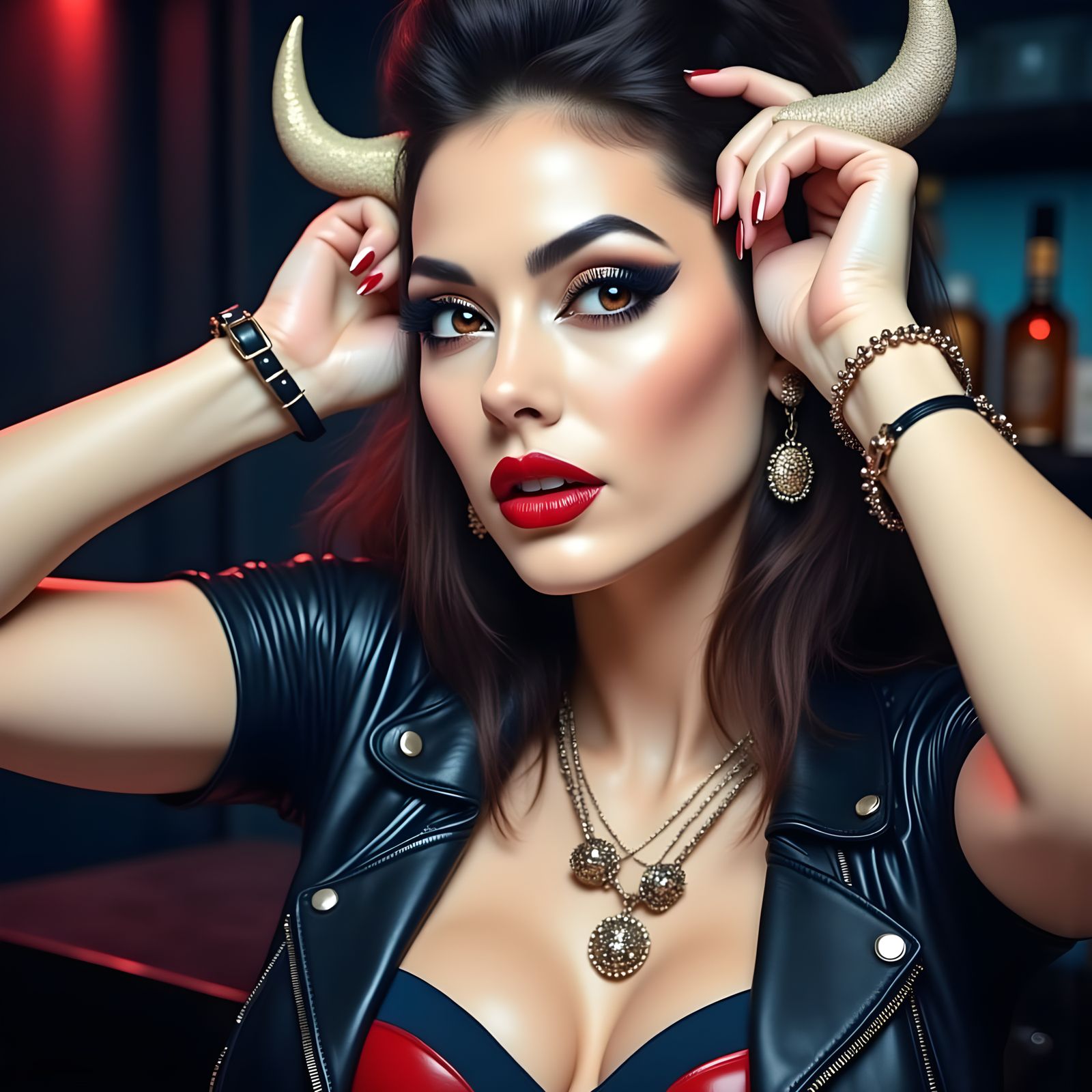 Mysterious Woman with Horns in a Dark Bar