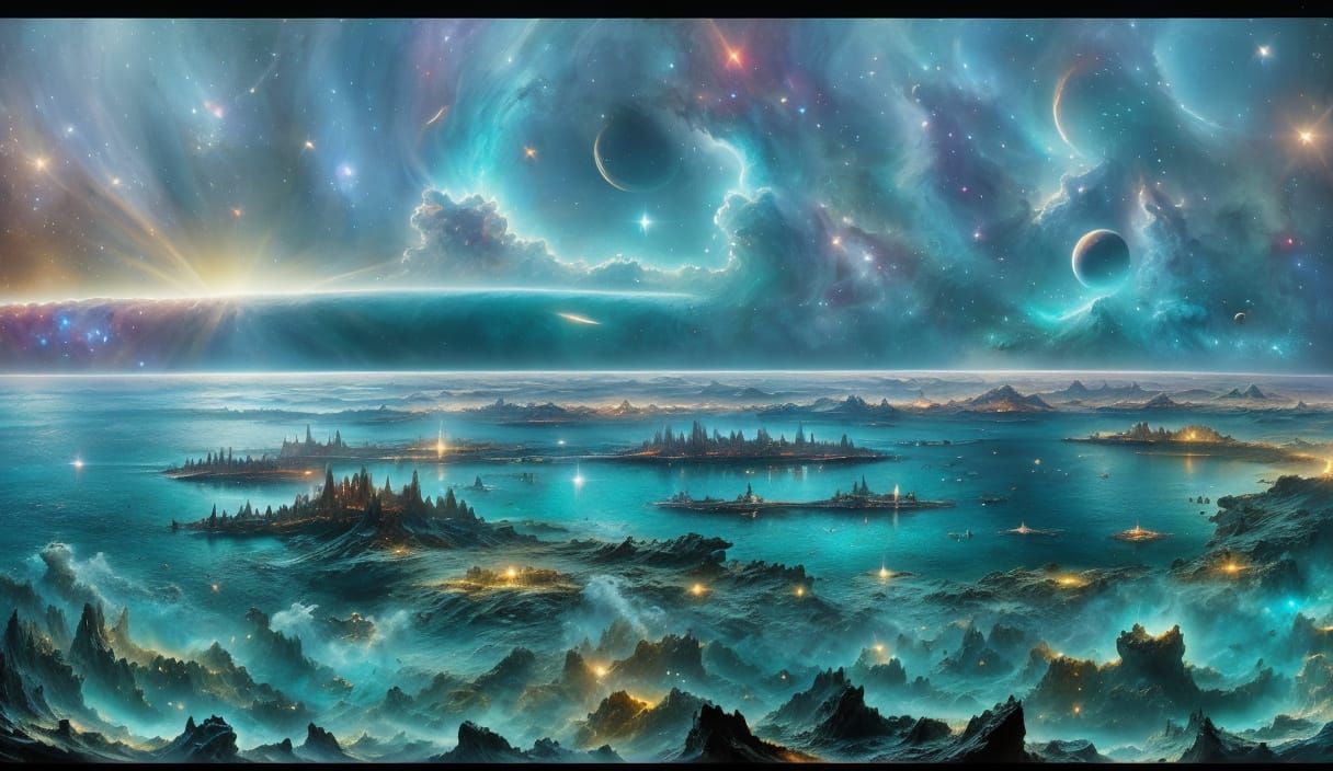 Cosmic Landscape with Nebula Clouds in Surreal Style