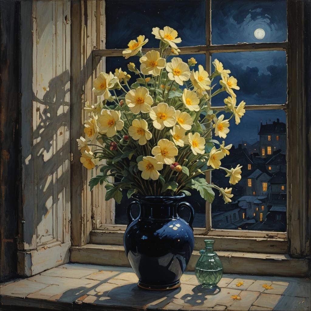 Primroses at Night: An Oil Painting Window Scene