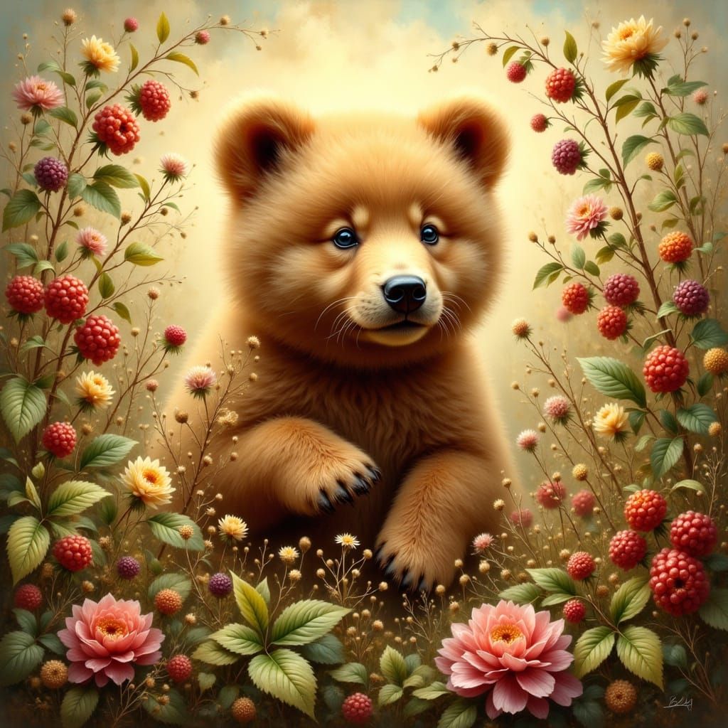 Brown Bear in Berry Patch, Whimsical Illustration