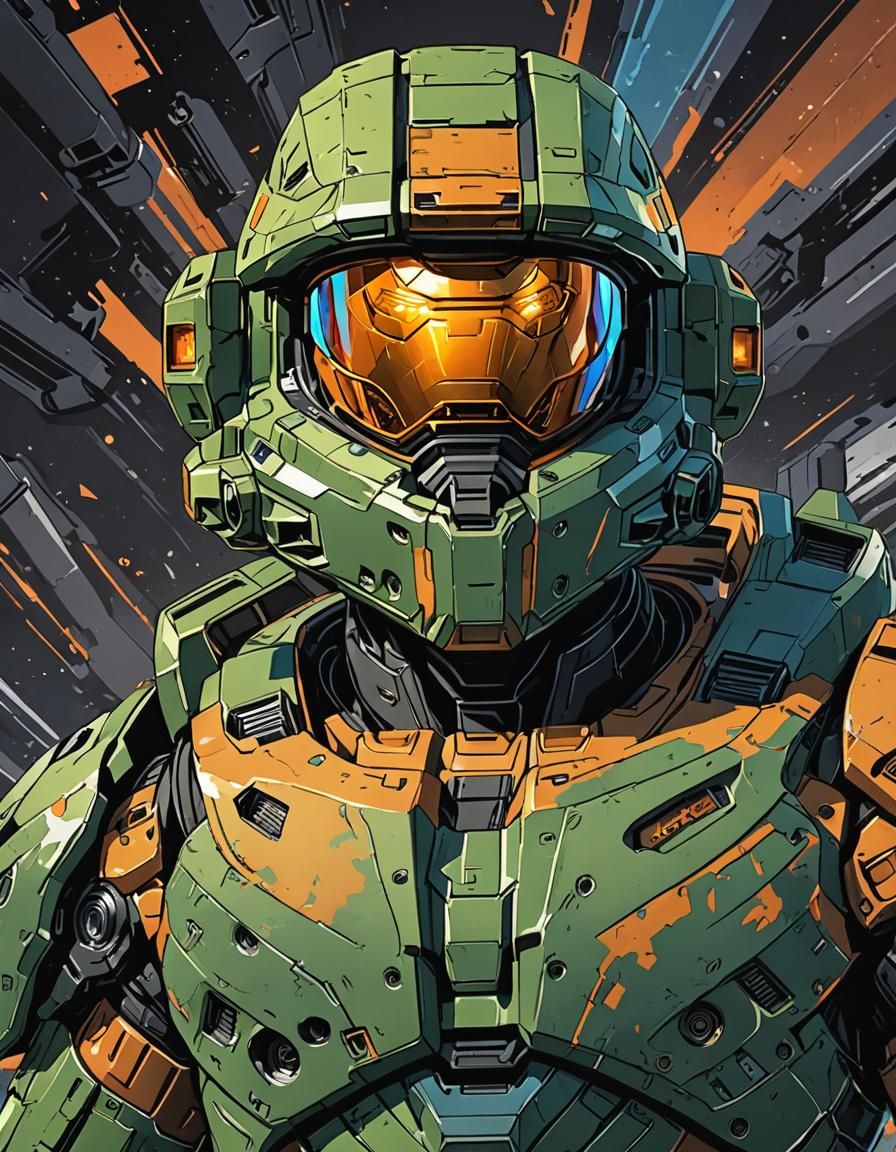 Master Chief Illustration in Cel-Shading Inkpunk Style