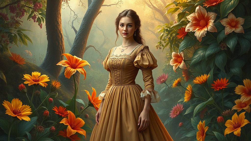 Victorian Woman in Dreamlike Garden, Romantic Oil Painting