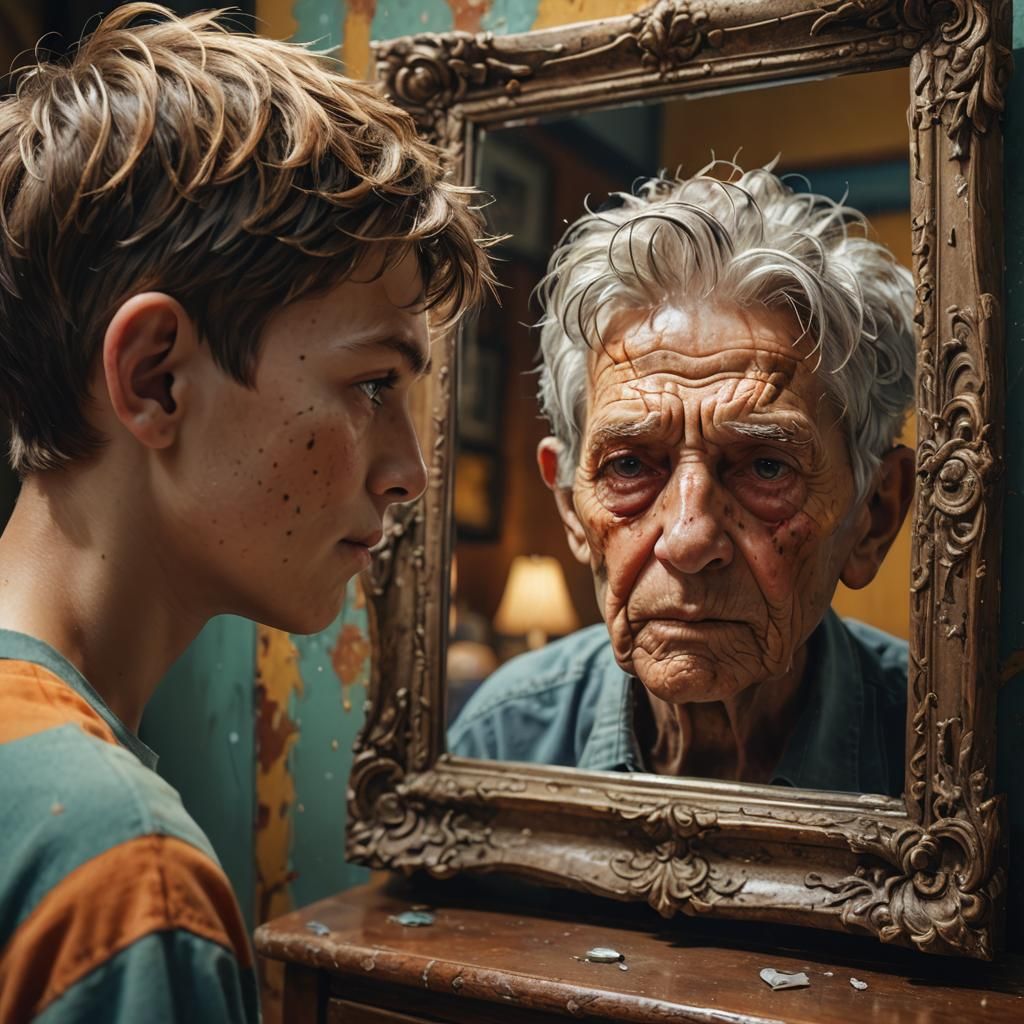 One young boy looking in a mirror and seeing an old aged version of himself. The Duality of aging