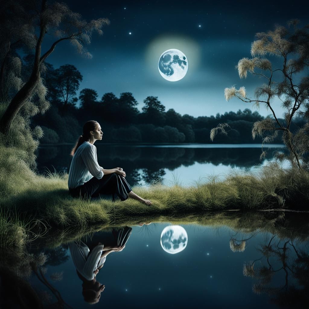 Woman Contemplates Moonlit Lake: Surrealist Dreamscape