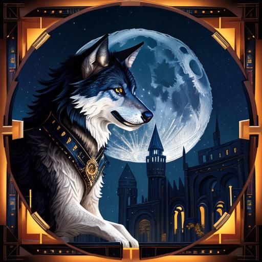Steampunk Wolf Howling at Moon in Cubist Style