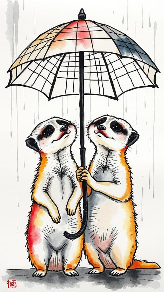 Elegant Meerkats in Rainy Modern Art