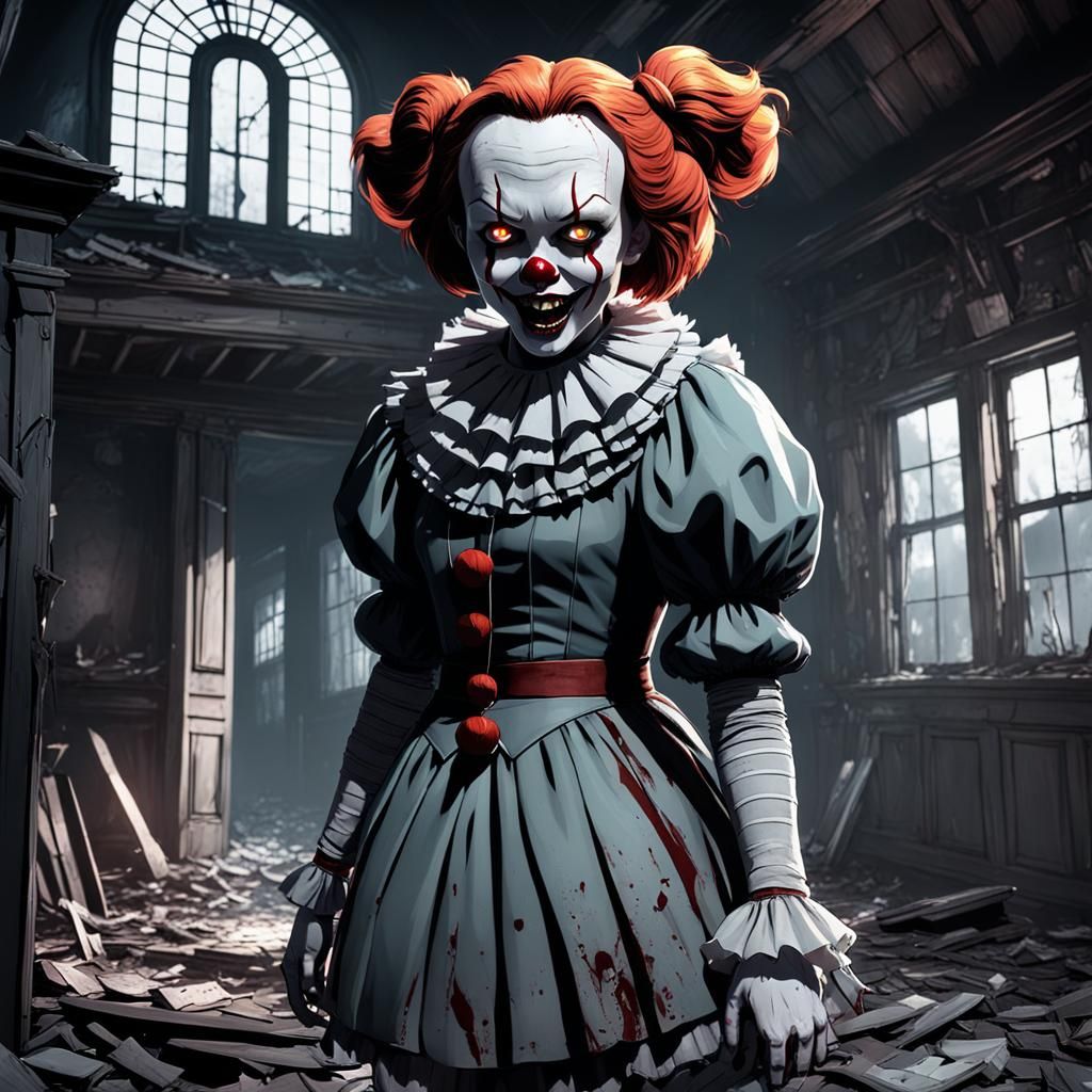 Pennywise Girl in Ruined Horror House: 3D Anime Art