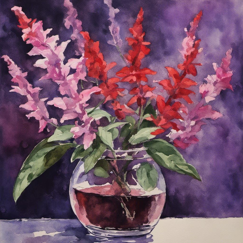 Salvia Flowers in Vase: Impressionist Watercolor Gouache
