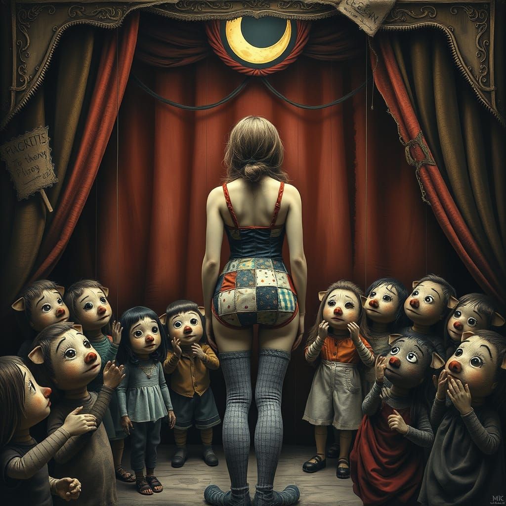 Surreal Marionette Ritual Under Crescent Moon