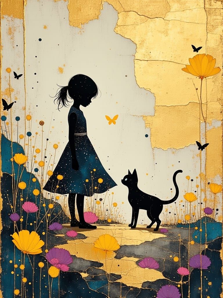 Girl, Cat, and Butterflies in Gold Oil Painting