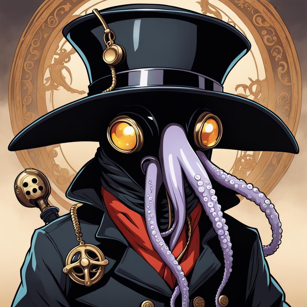 Cartoon Octopus in Plague Doctor Mask, Anime Style