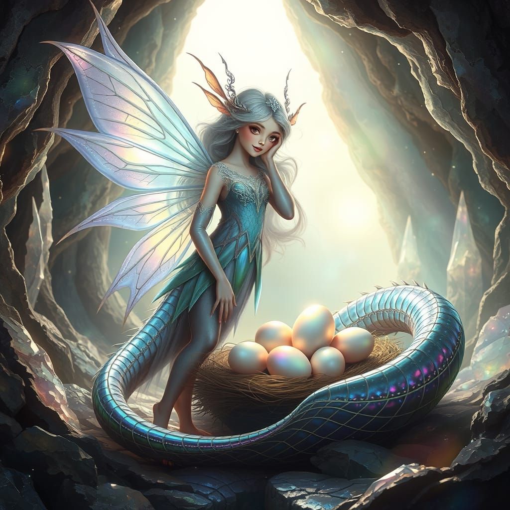 Whimsical Fairy and Dragon in Enchanted Cavern