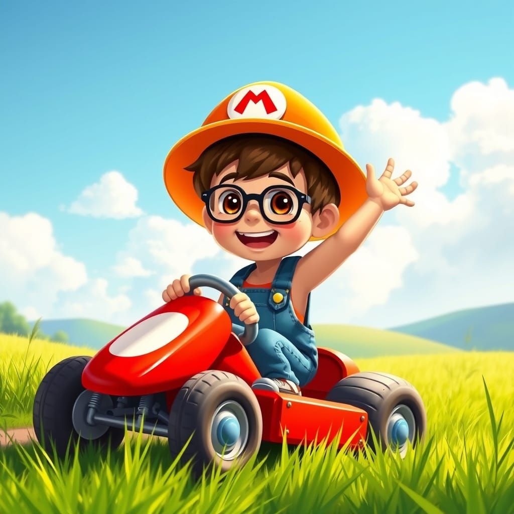 Whimsical Boy Enjoys Summer Kart Ride in Vibrant Landscape