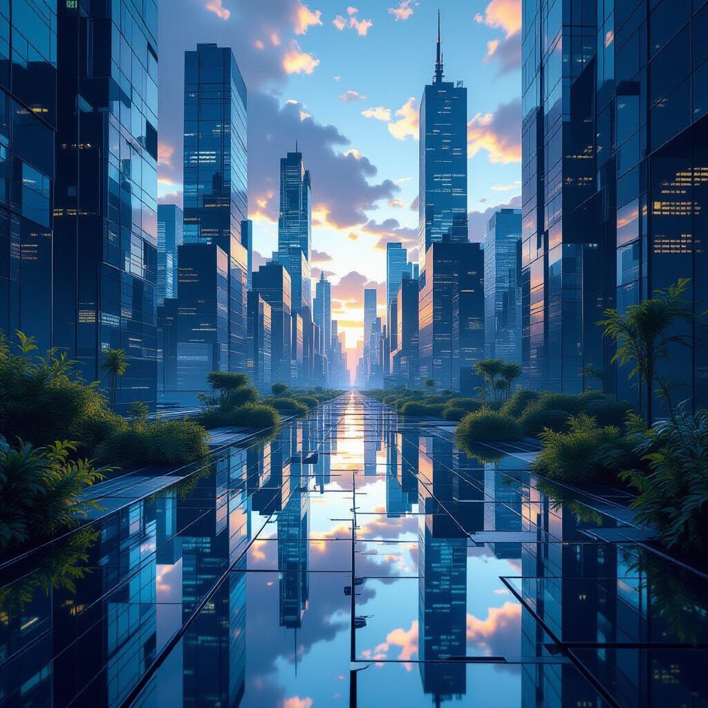 Kaleidoscopic Twilight Urban Landscape in Digital Art Style