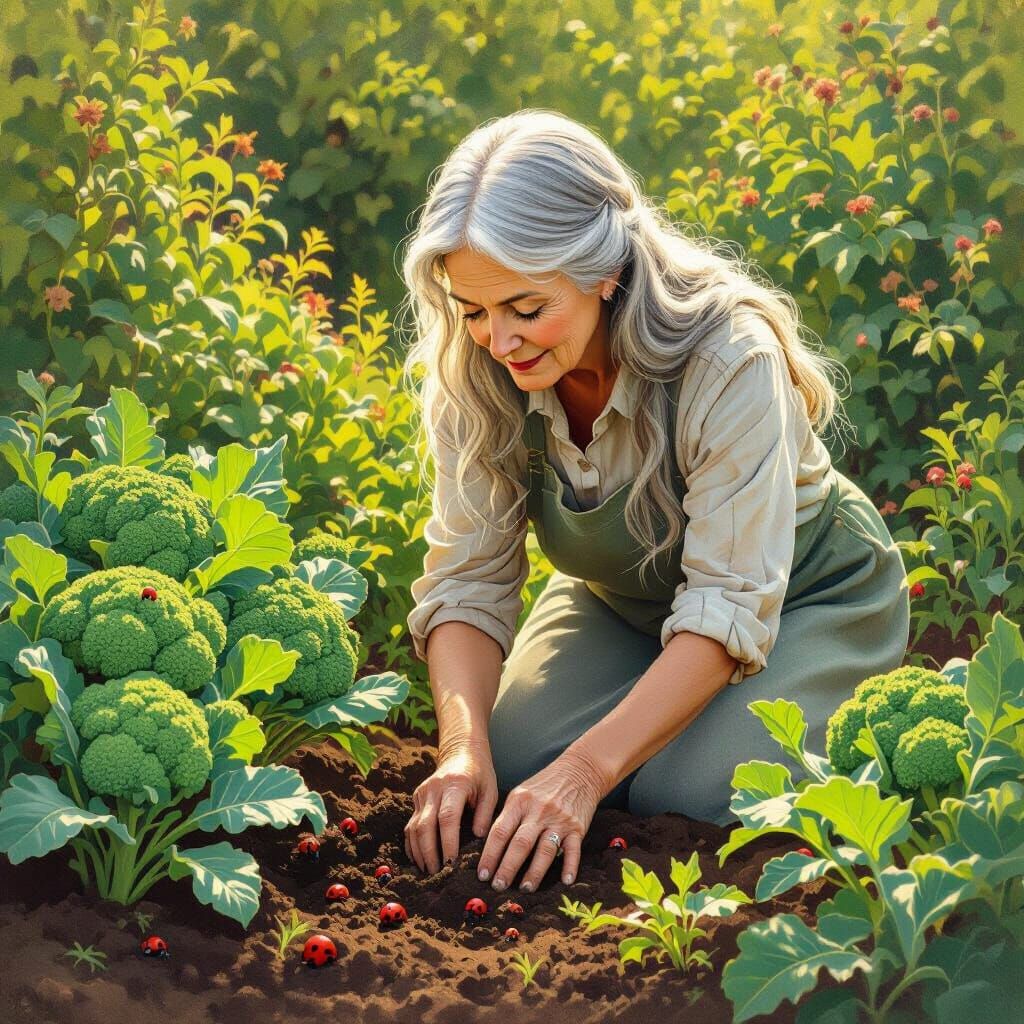 Elderly Gardener Digging in Lush Garden with Ladybugs
