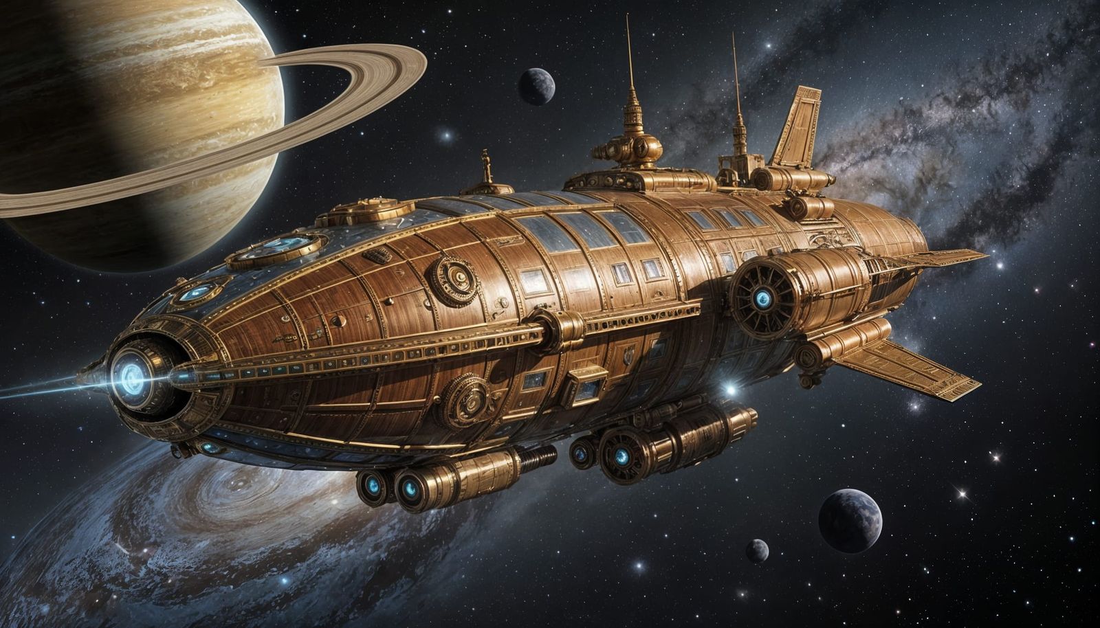 Majestic Steampunk Spaceship in Cosmic Vista
