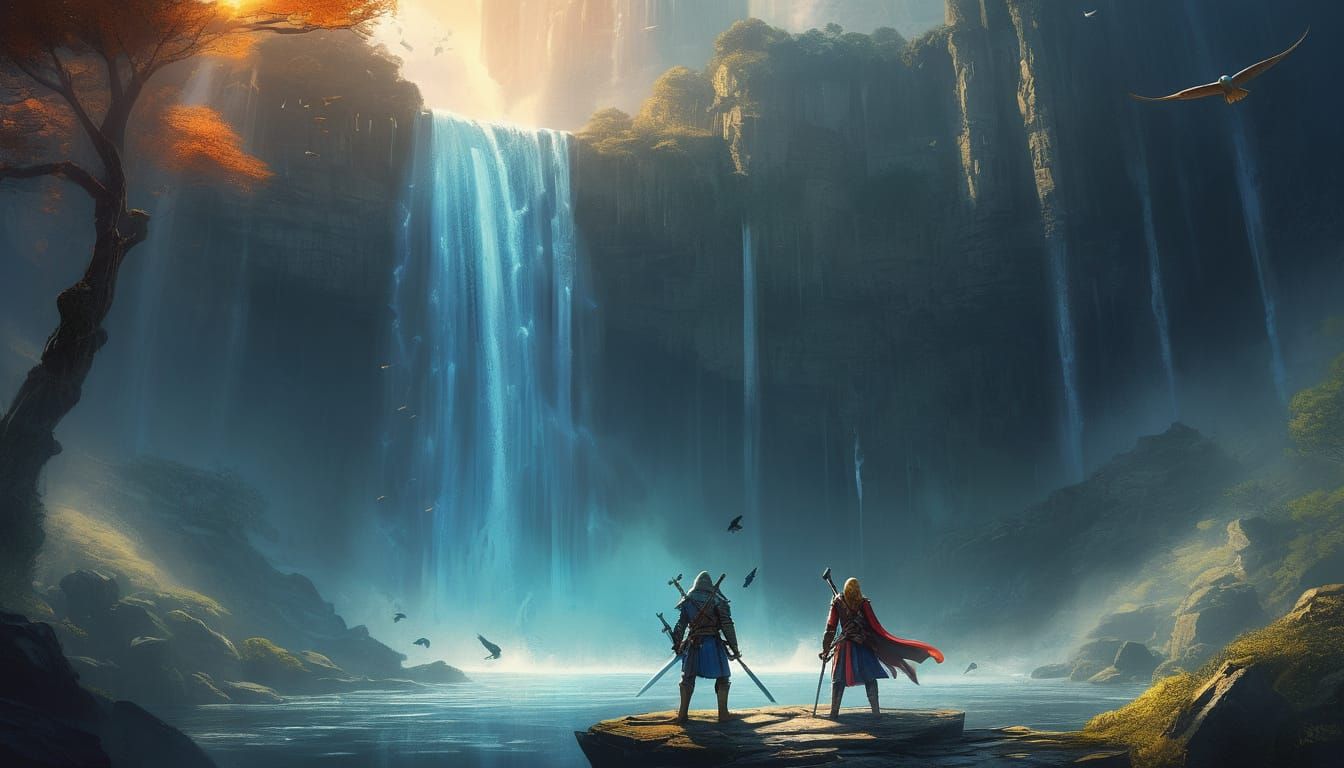 Heroic Link and Zelda Stand Tall in Front of Majestic Waterf...