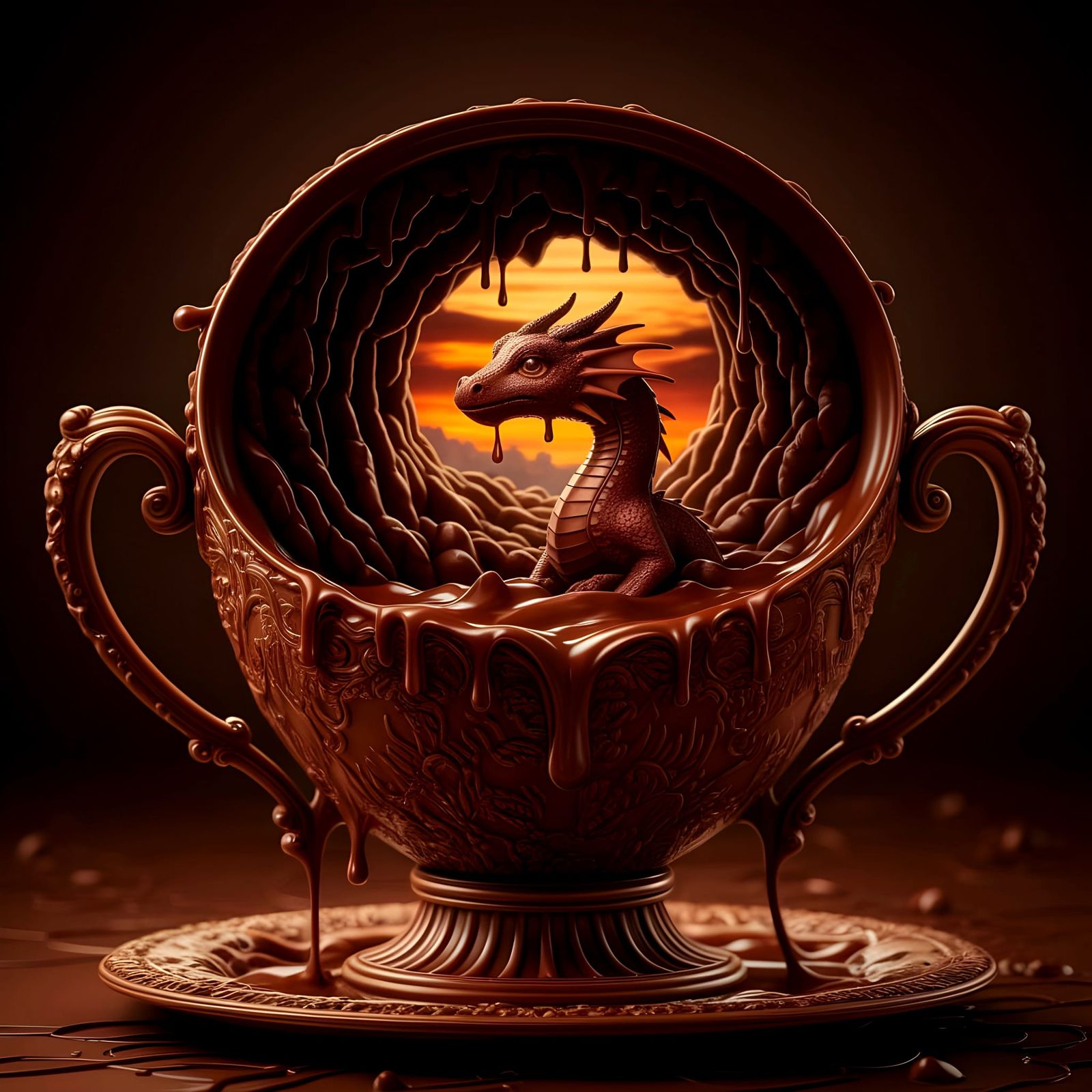 Melting Chocolate Dragon in Golden Sunset Light
