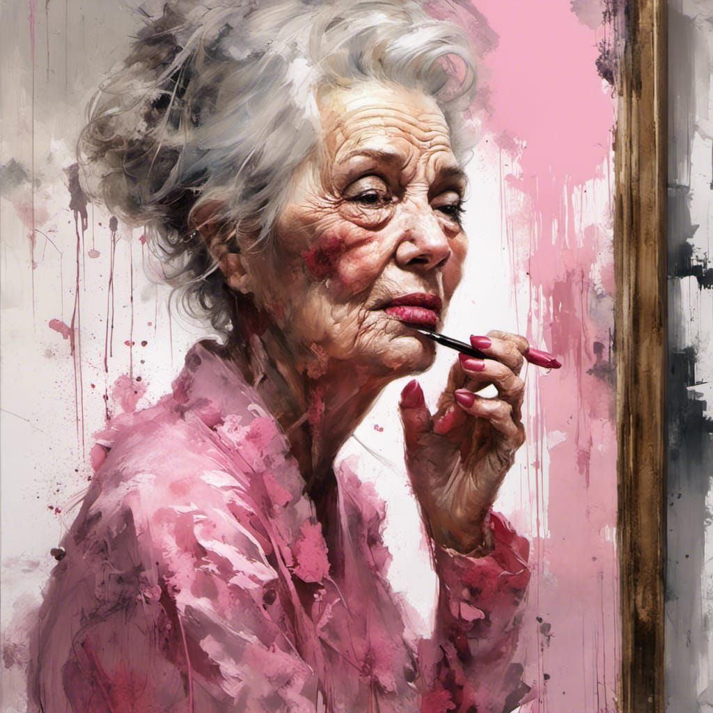 Old Woman Applying Lipstick in Textured Speedpaint Style