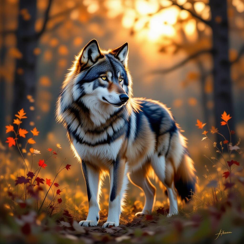 Autumn Wolf in Golden Hour Forest Light