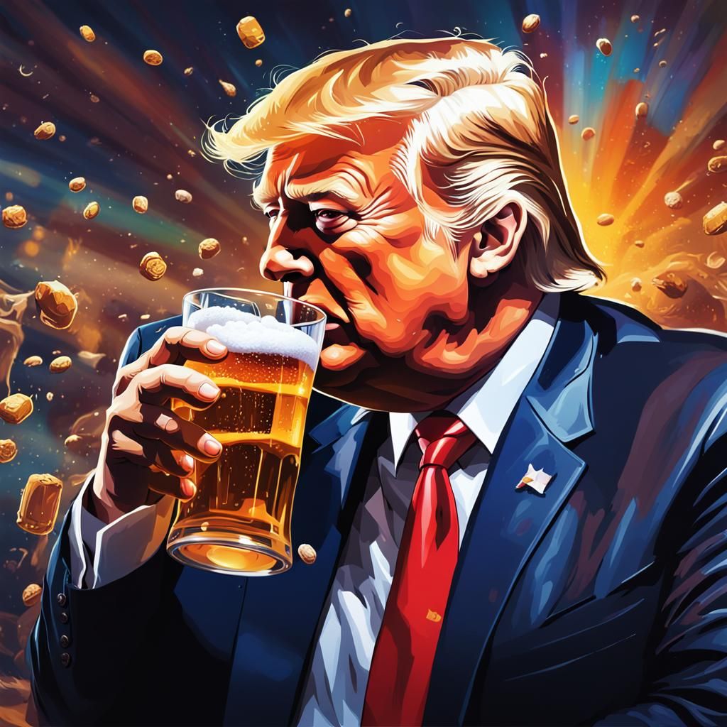 Hyperrealistic Portrait of Trump Drinking Beer