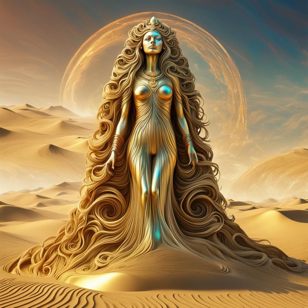 Metallic Gold Goddess Statue in Afrofuturism Style