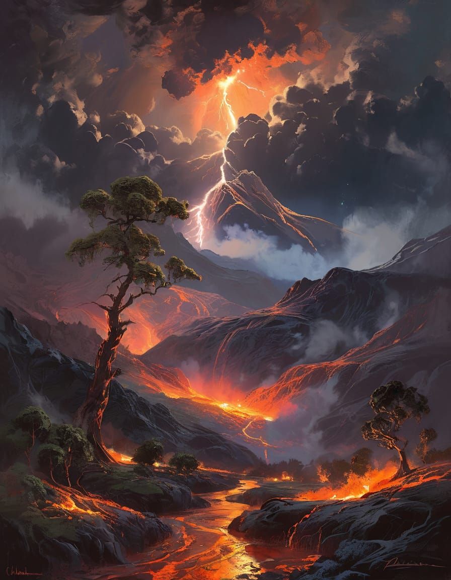 Dramatic Moonlit Landscape with Majestic Tree