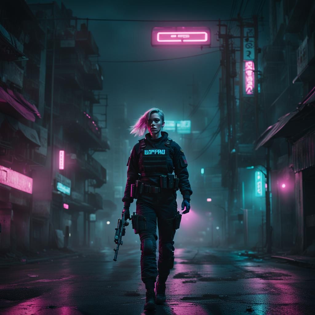 Cyberpunk Soldier Patrolling a Neon City Street