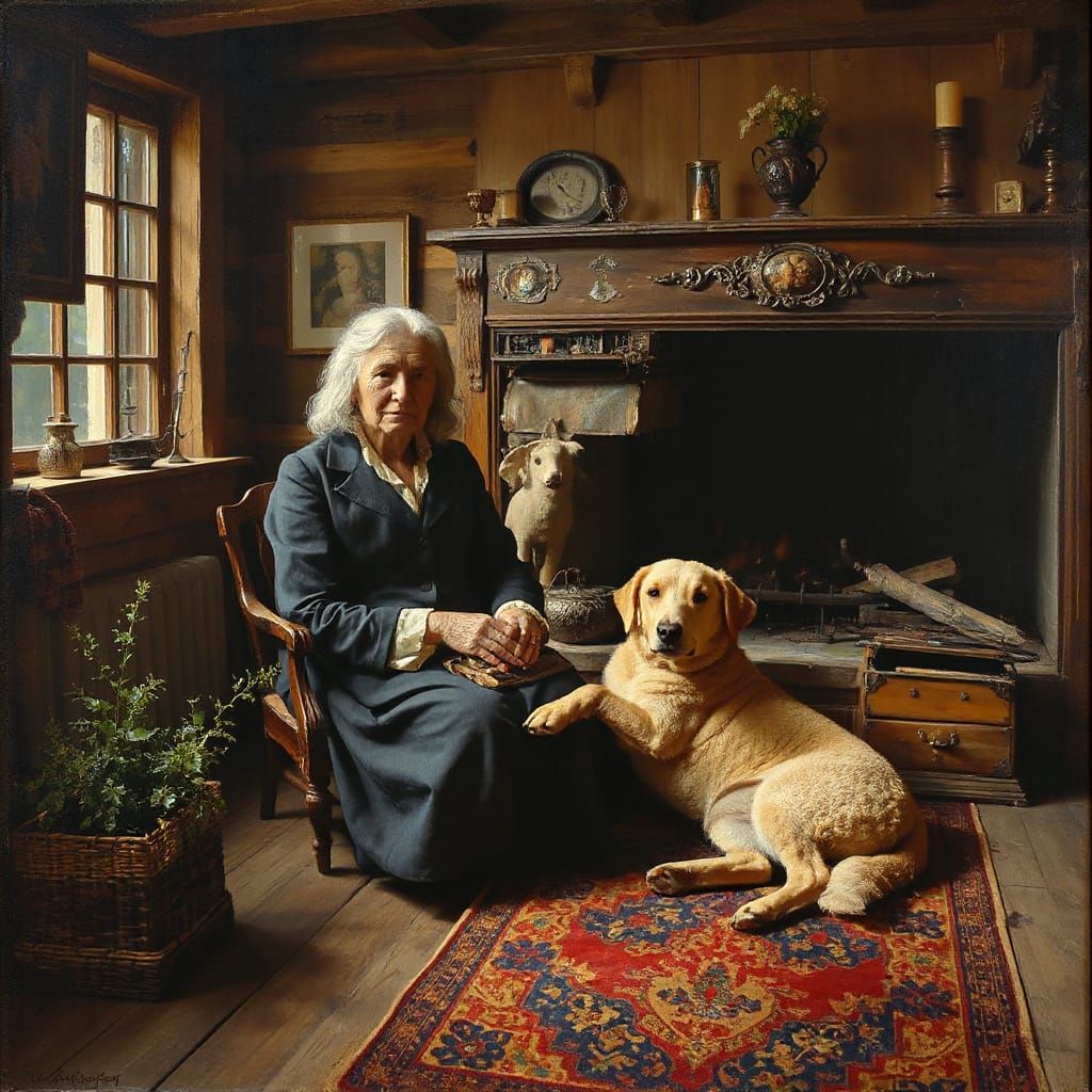 Warm Intimate Portrait of an Elderly Woman by the Fireplace