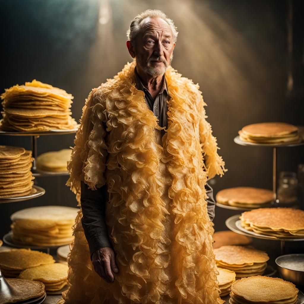 Hyperrealistic Portrait of Man in Potato Pancake Dress