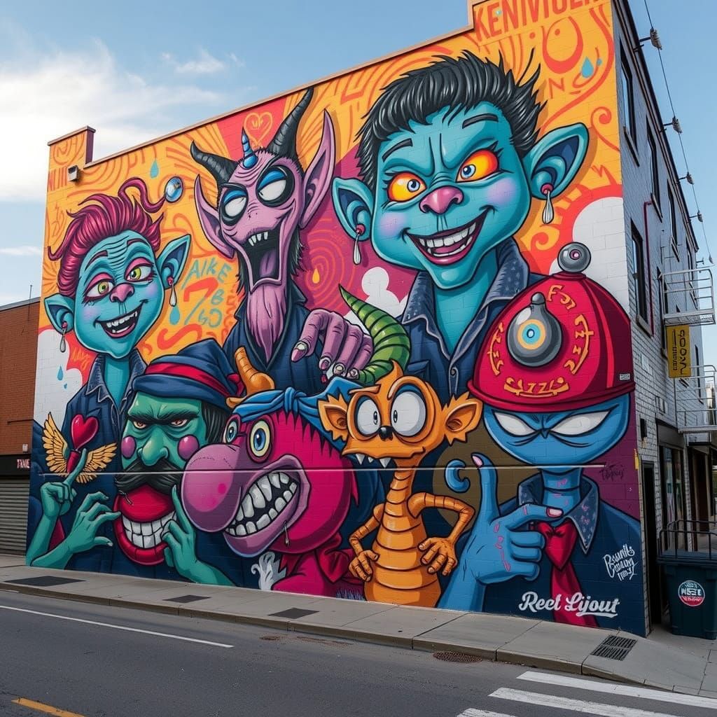 Graffiti Mural of Cartoon Goons in Lowbrow Art Style