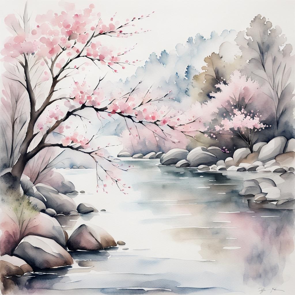 Cherry Blossom Tree Watercolor Painting in Minimalist Style